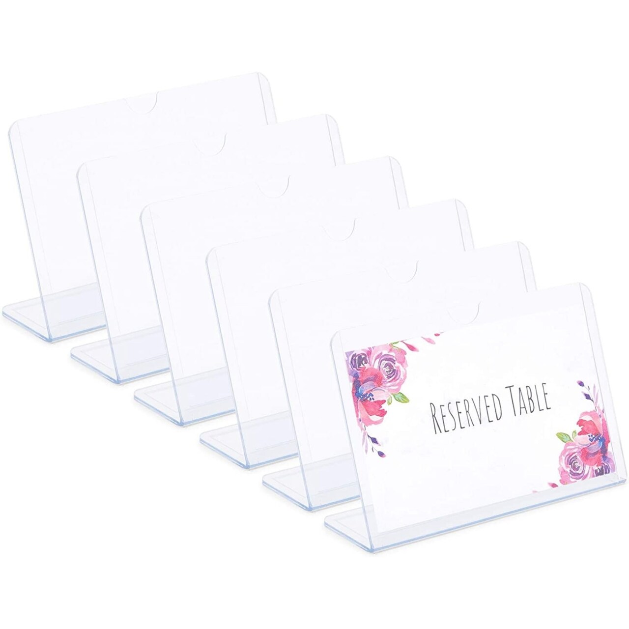 6 Pack Clear Sign Holders 4x6 - Table Top Plastic Display Stand Slant Back Horizontal Photo Frame